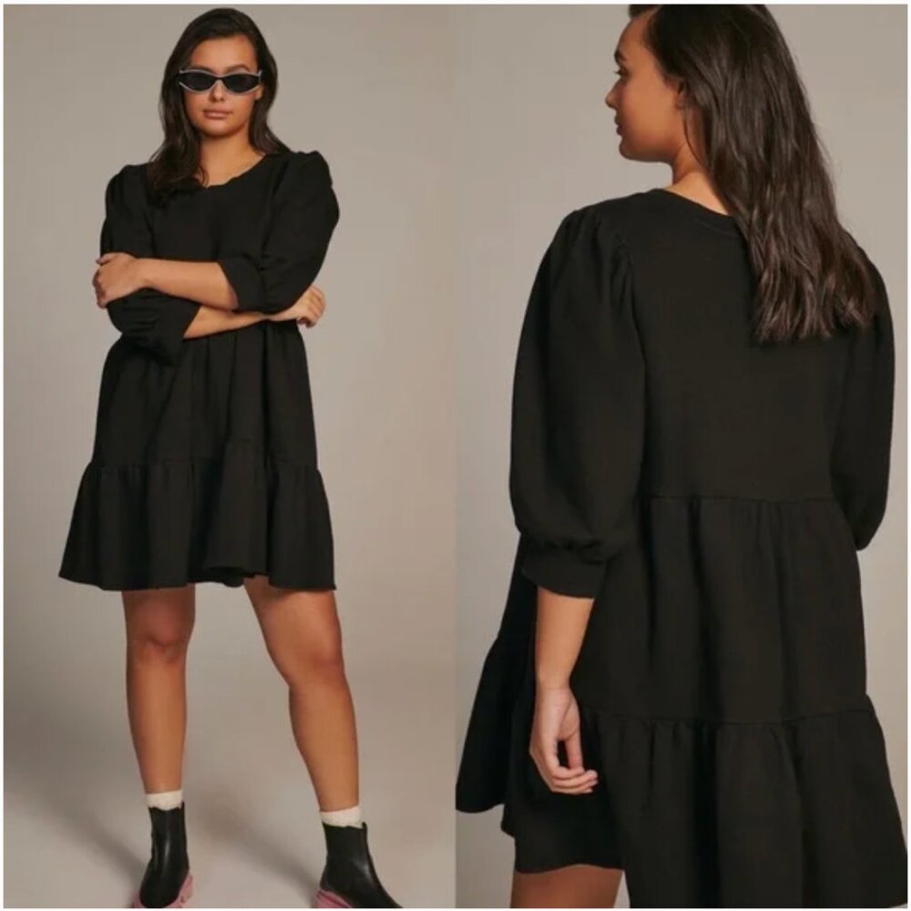 Anthropologie T.LA Savannah Puff Sleeve Mini Dress Black M Sweatshirt - Picture 4 of 11